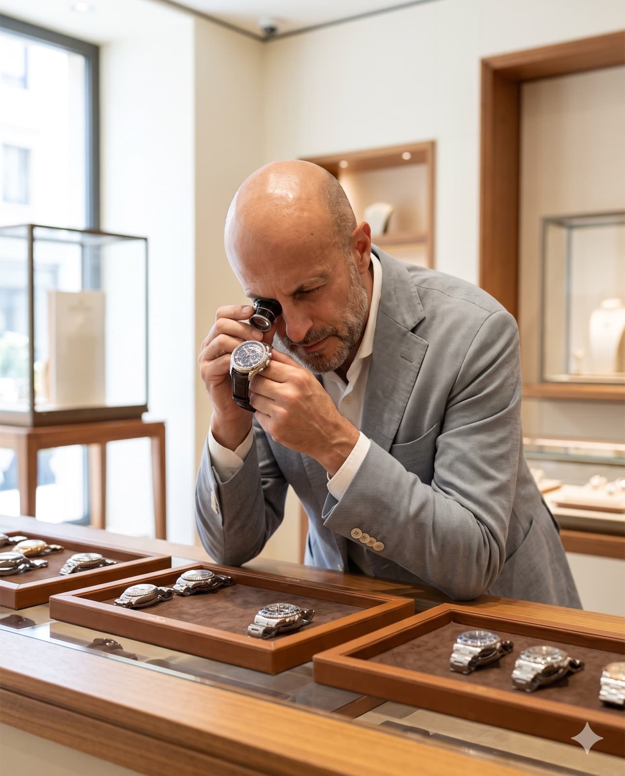 A jeweler examining a watch with a loupe at the La Jolla showroom counter