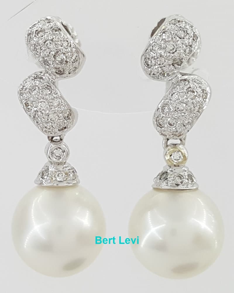 Diamond & Akoya Pearl Swirl Drop Screw Clip-On Earrings 0.5 ct 14k W Gold