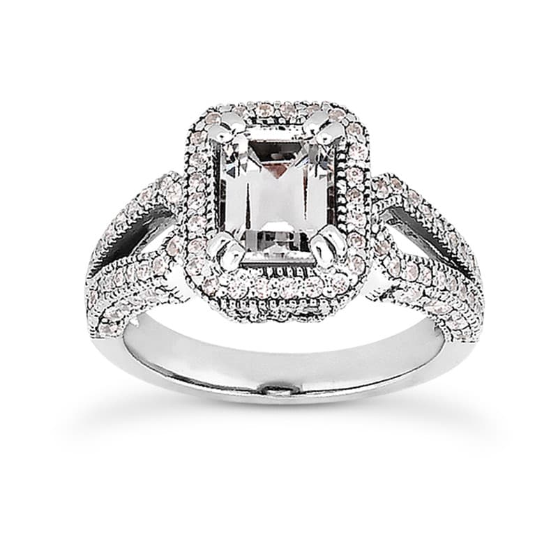 Ladies 14KT White Gold Platinum Emerald Cut Diamond Halo Engagement Ring ENR8757