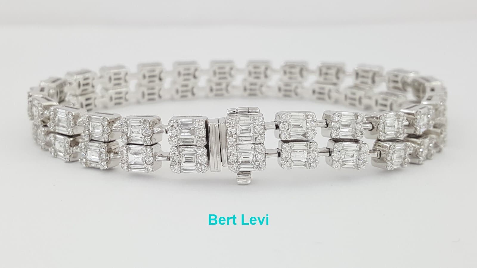 Round & Baguette Diamond Double Row Tennis 5.8 ct 18k White Gold Bracelet 7.25"