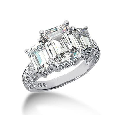 Ladies White Gold Platinum Emerald Diamond Three Stones Engagement Ring ENR2842
