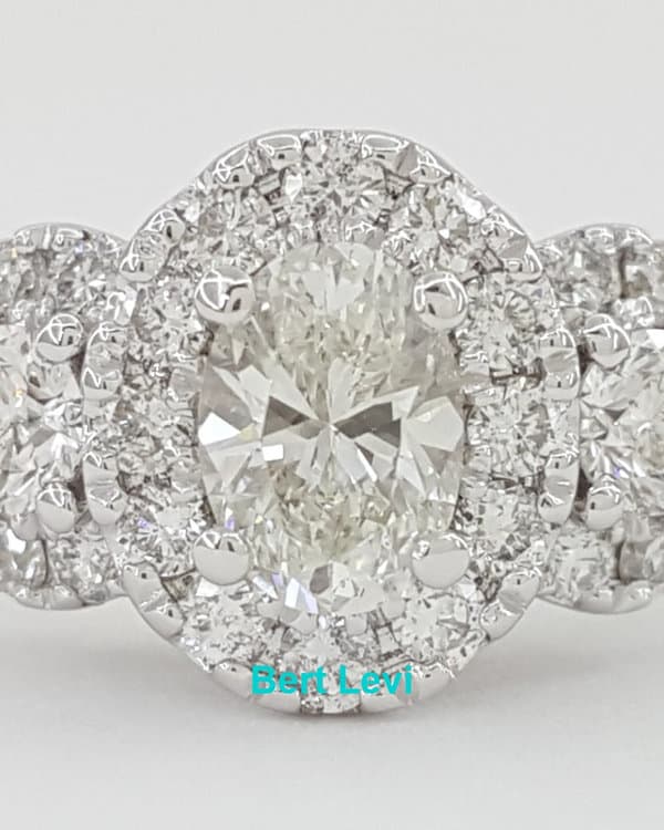 Celebration Oval Three Stone Halo Diamond Engagement Ring 1 ct 14K White Gold