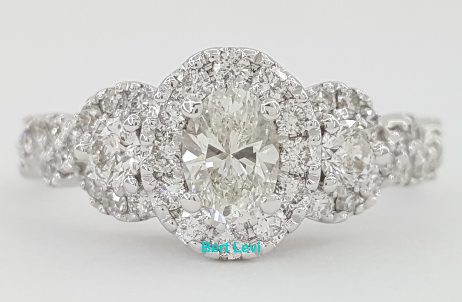 Celebration Oval Three Stone Halo Diamond Engagement Ring 1 ct 14K White Gold