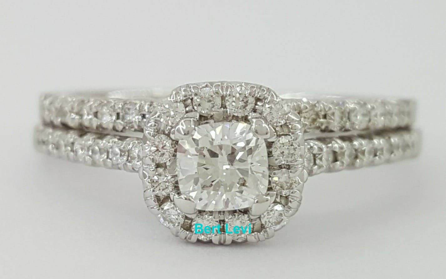 Cushion Brilliant Diamond Halo Engagement Wedding Ring Set 0.9 ct 14K White Gold