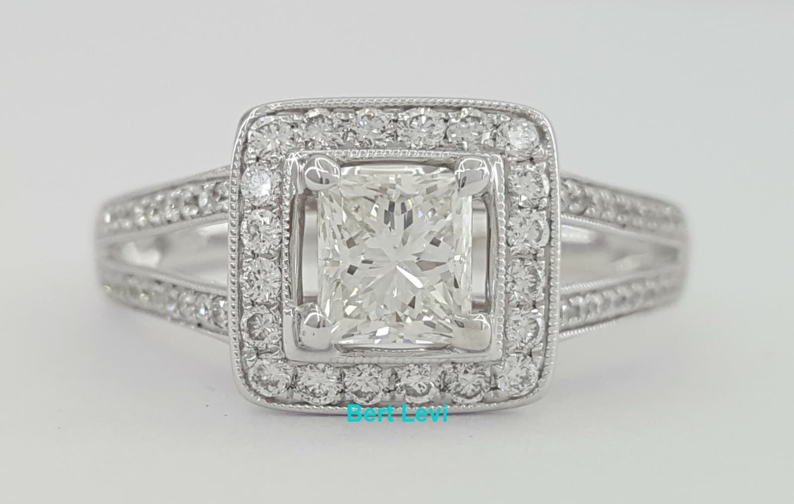 Princess Diamond Halo Split Shank Engagement Ring 0.95 ct 14k White Gold