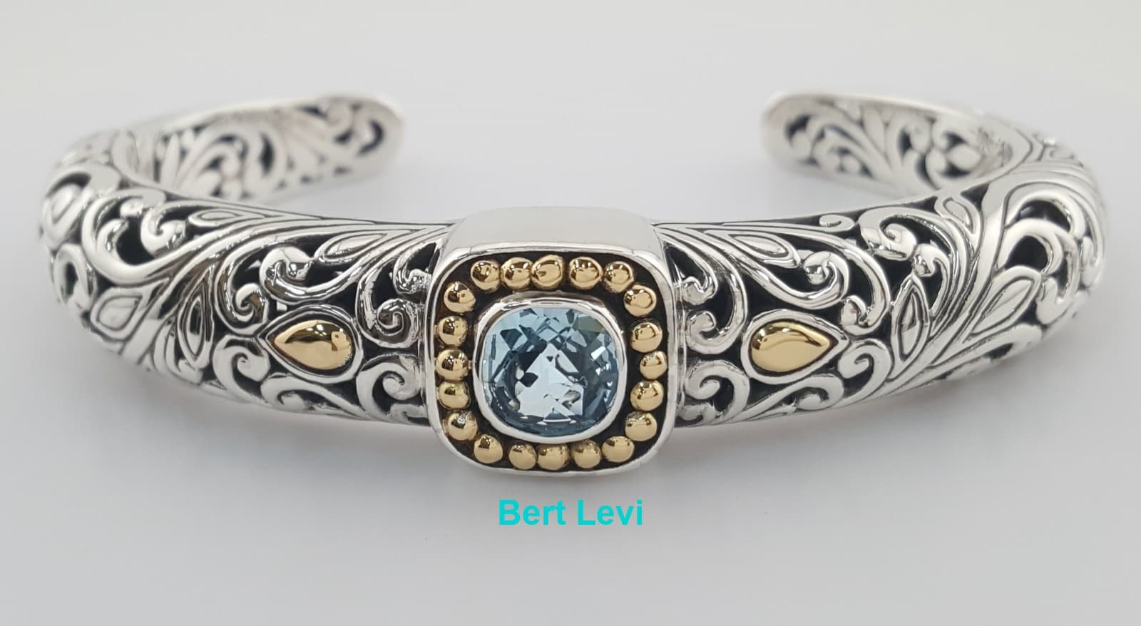Blue Topaz Bangle Bracelet Sterling Silver & 18K Yellow Gold 34.7 Grams 6.5"