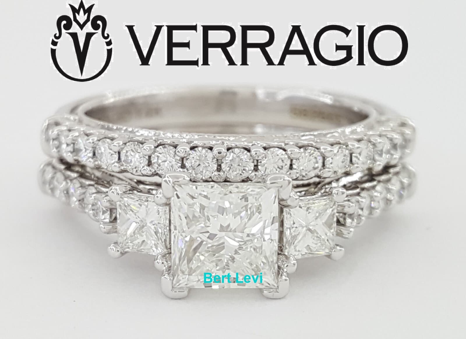 Verragio Renaissance Princess Cut Diamond Engagement Ring Set 1.80 ct 14k $14.5K