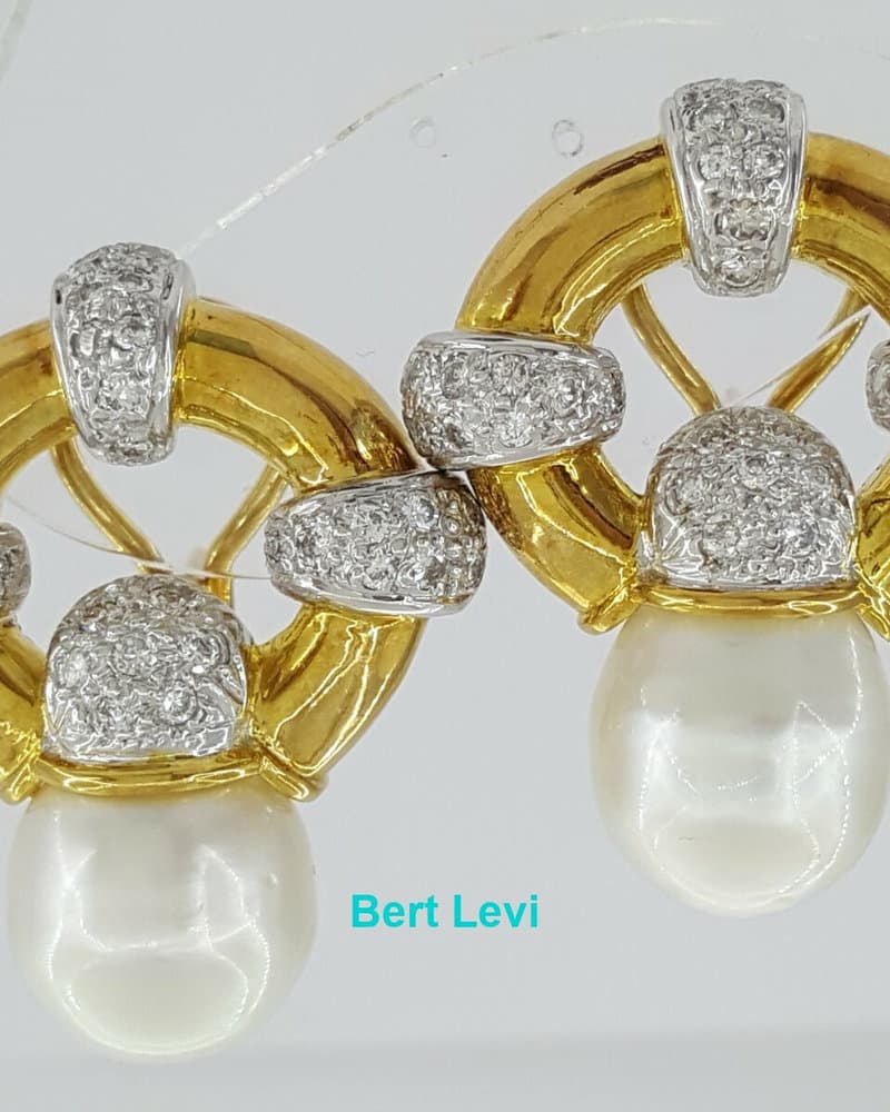 Vintage 18k Yellow Gold South Sea Pearl & 1.2 ct Diamond Earclips Earrings 31.1g