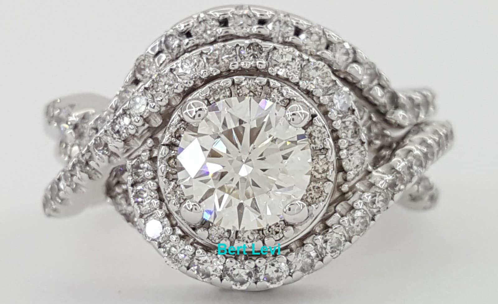 Round Diamond Double Halo Crossover Engagement Ring Set 1.44 ct 14k White Gold