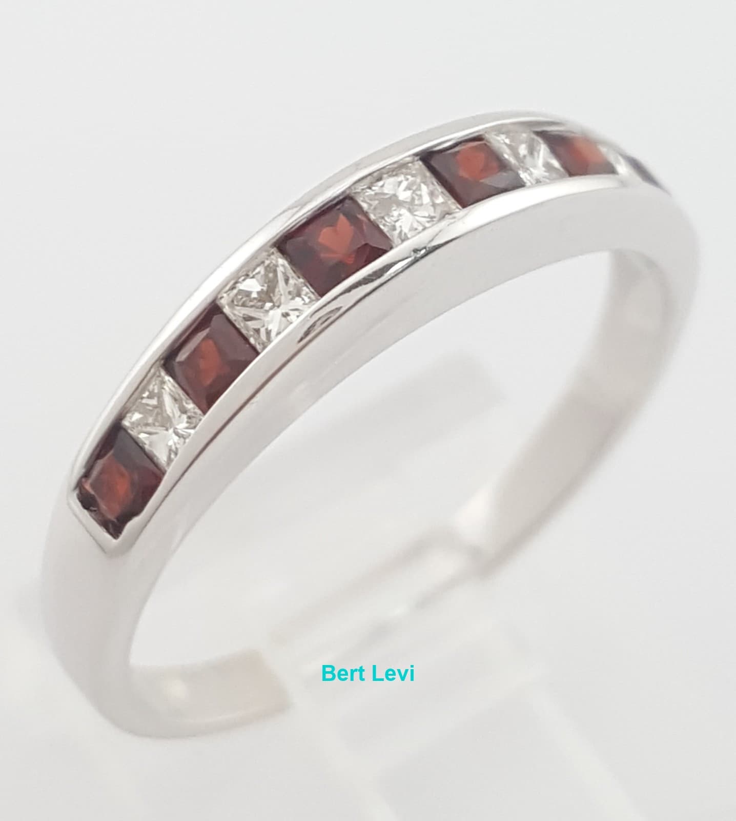 Diamond Garnet Channel Set Wedding Band Ring 0.25 ct 18k White Gold