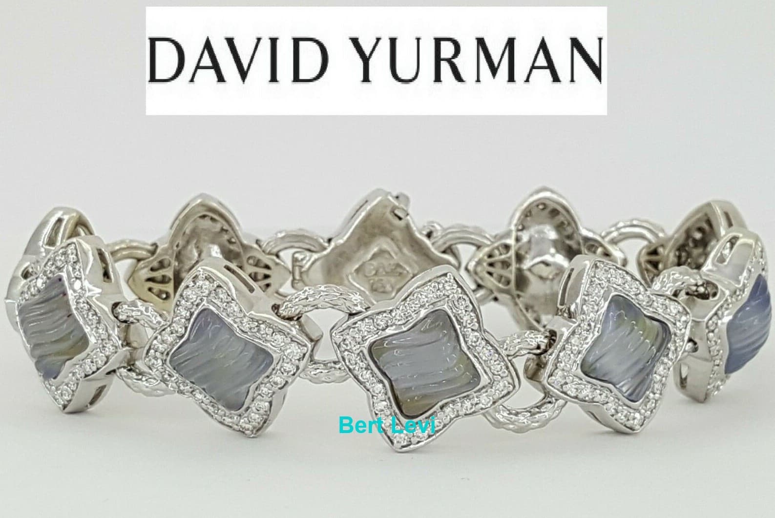 David Yurman Quatrefoil 18K Blue Chalcedony 2.5 ct Round Diamond Bracelet 7"