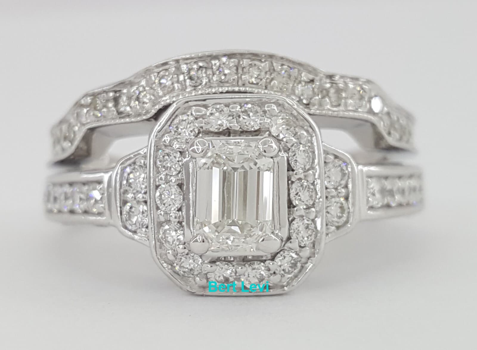 Emerald & Round Diamond Halo Engagement Ring & Band 14K White Gold 1.27 ct