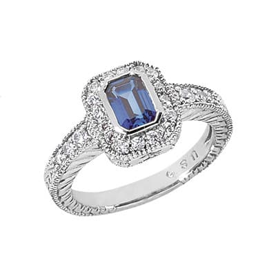 Ladies 14KT White Gold Platinum Emerald Cut Diamond Color Stone Ring CSR152