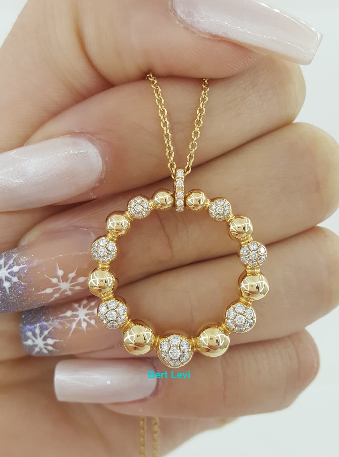 Diamond Circle Pave Bead Necklace 18K Rose Gold Italy 0.4 ct 16'-18"