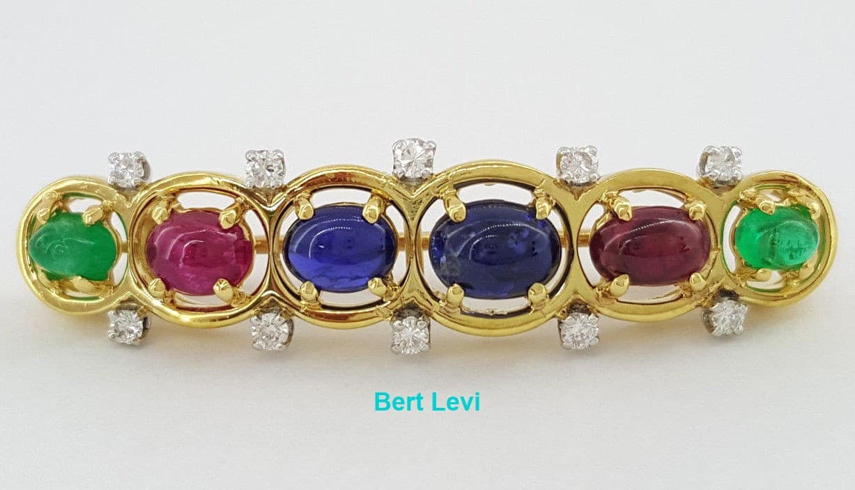 David Webb 18K / Platinum Cabochon Sapphire Ruby Emerald & Diamond Brooch / Pin