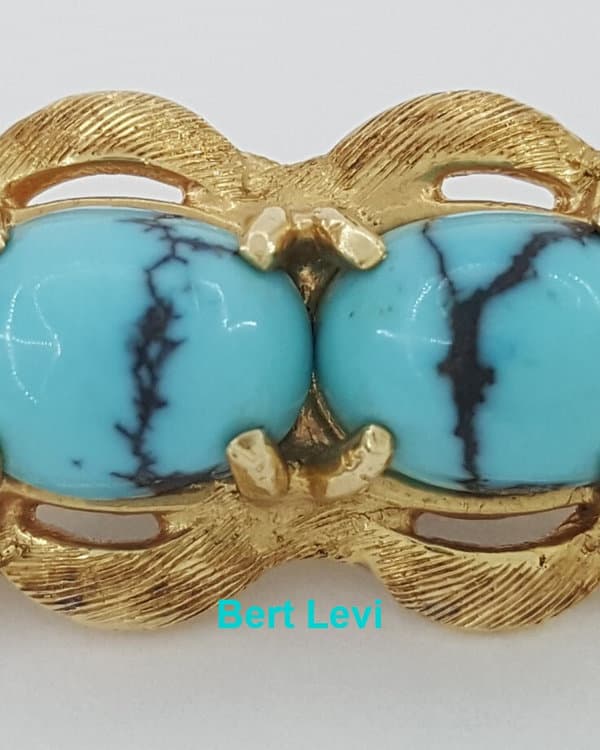 Vintage Persian Turquoise & Ruby 14k Gold Pin Brooch 25.5 mm