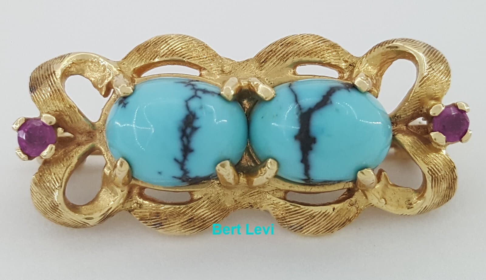 Vintage Persian Turquoise & Ruby 14k Gold Pin Brooch 25.5 mm