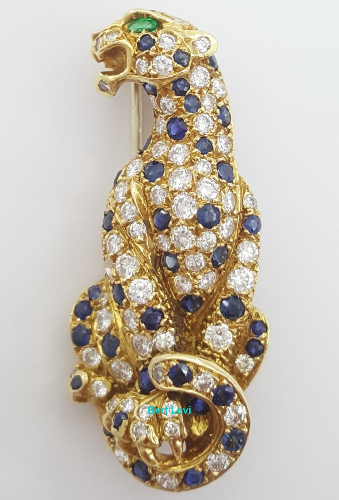 Vintage French Diamond Sapphire & Emerald Panther Brooch 1.9 ct 18k 1.6"