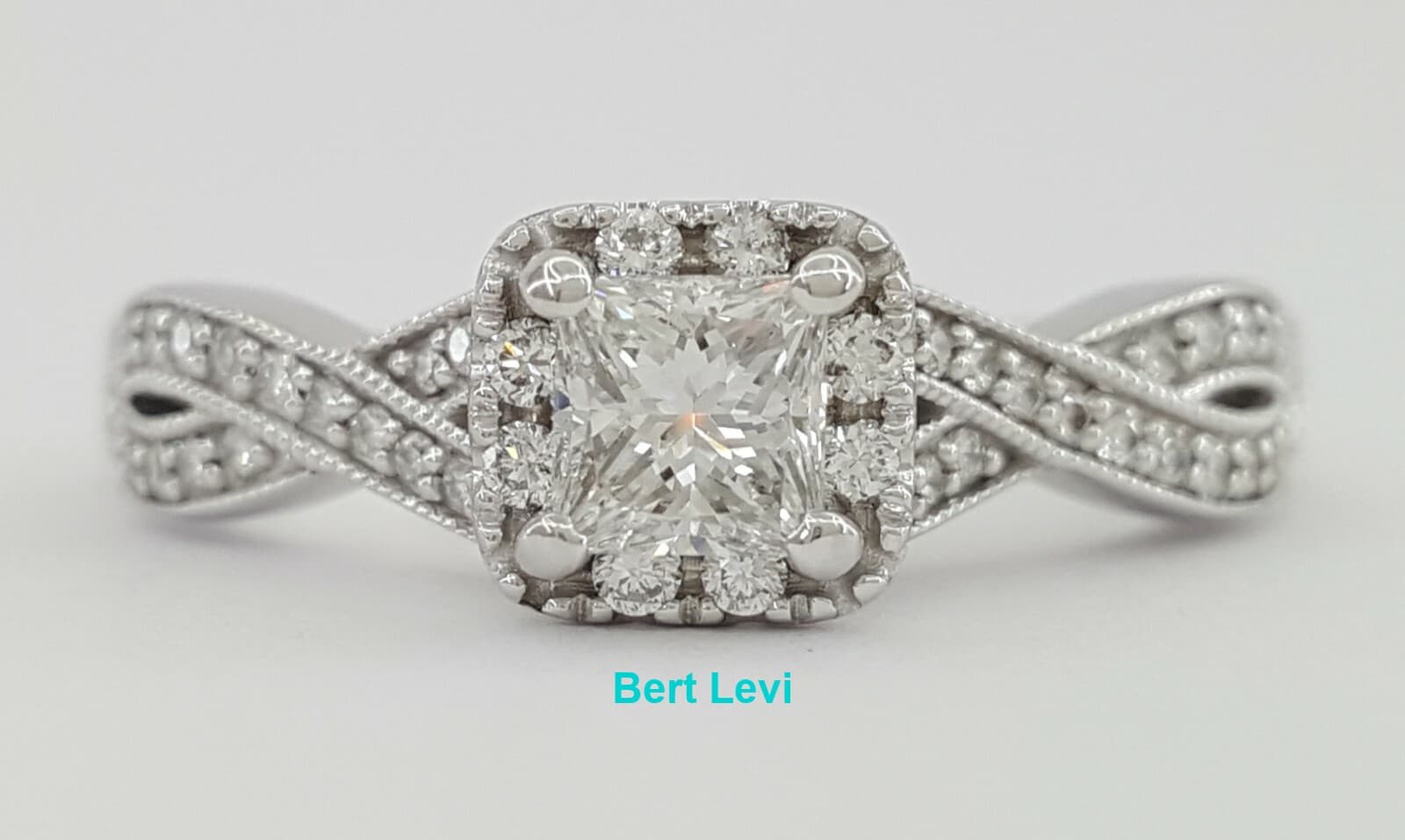 True Romance 0.70 ct 14K Princess Cut Crossover Halo Engagement Ring Rtl $3,000