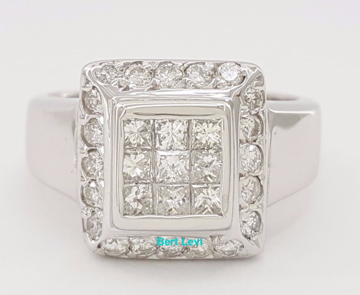 Gold Invisible Princess Cut Diamond Halo Engagement Ring 0.75 ct 18K White