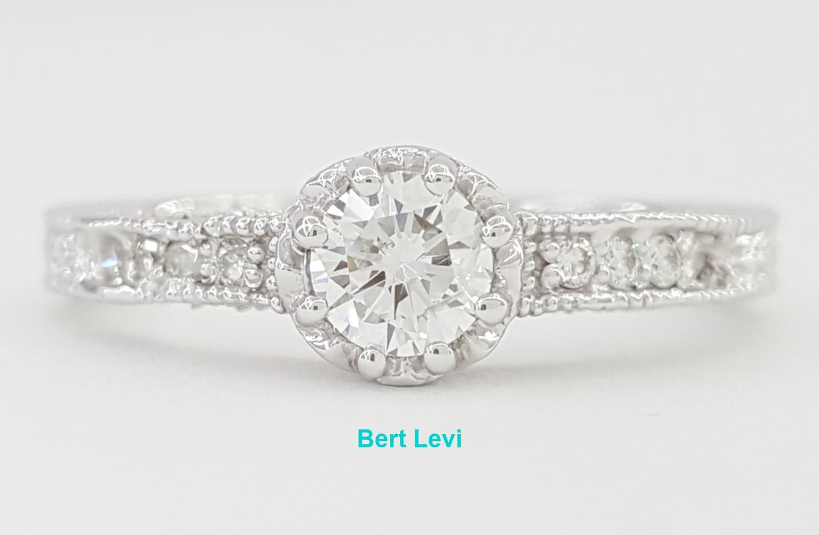 Round Brilliant Diamond Hand Engraved Engagement Ring 14K White Gold 0.61 ct
