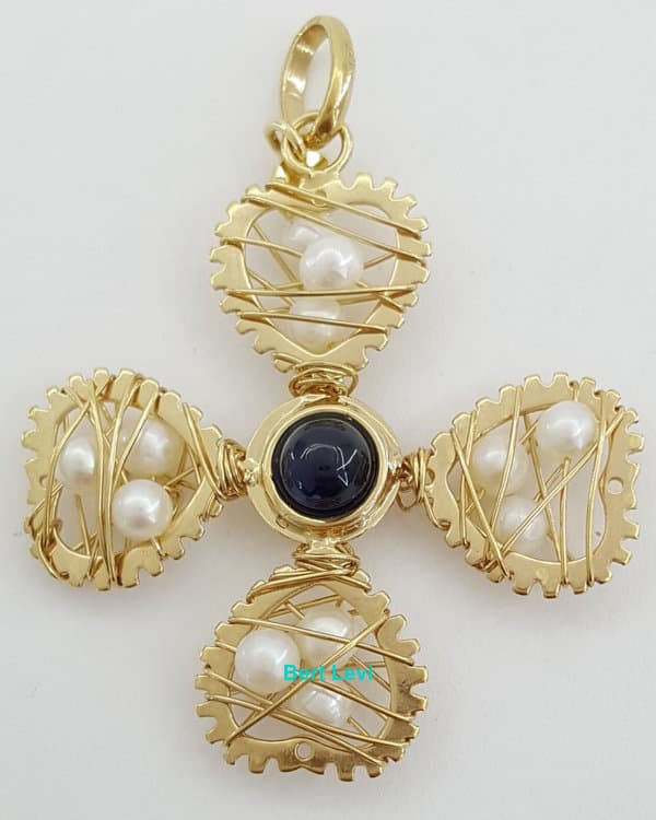 Flower Cross Pendant 14k Yellow Gold Pearl 36.7mm (1.44") 4.3 Grams