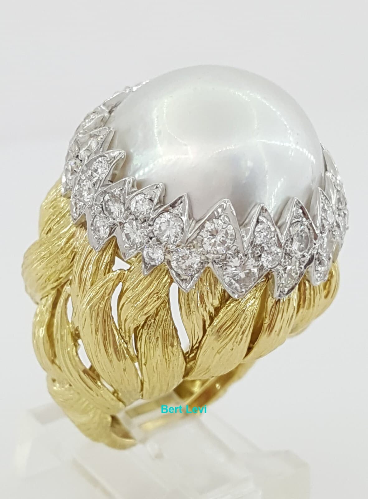 Vintage DAVID WEBB Pearl & 2 ct Round Cut Diamond Pave 18K Gold & Platinum Ring