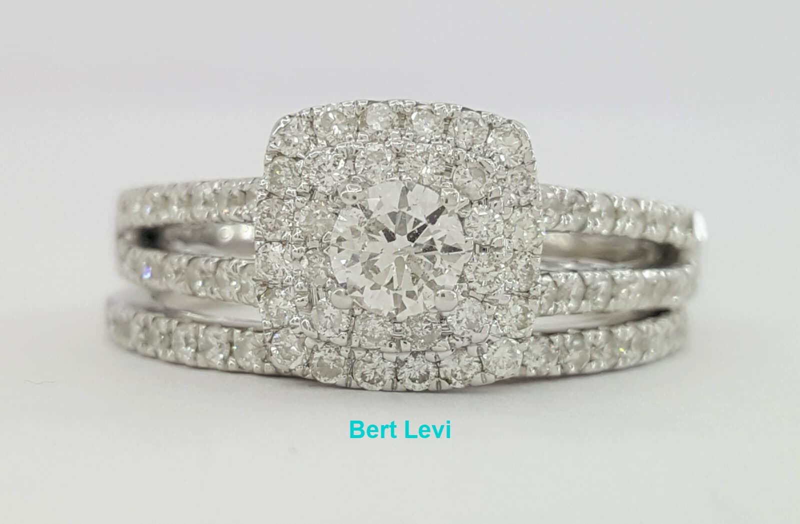 Round Cut Diamond Double Halo Split Shank Engagement Ring 1.03 ct 14K White Gold