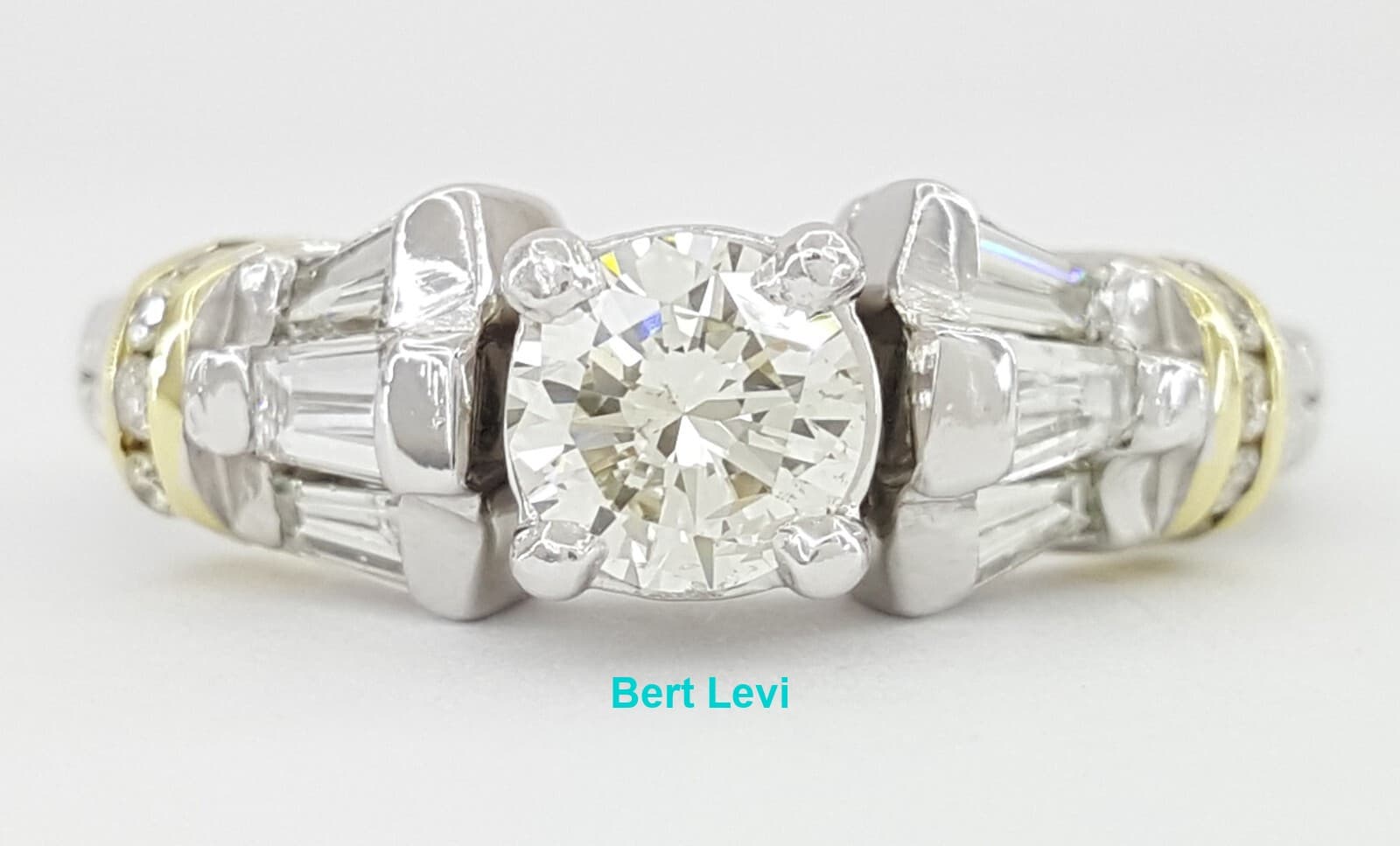 Round Brilliant & Baguette Cut Diamond Engagement Ring 0.95 ct Platinum & 18k