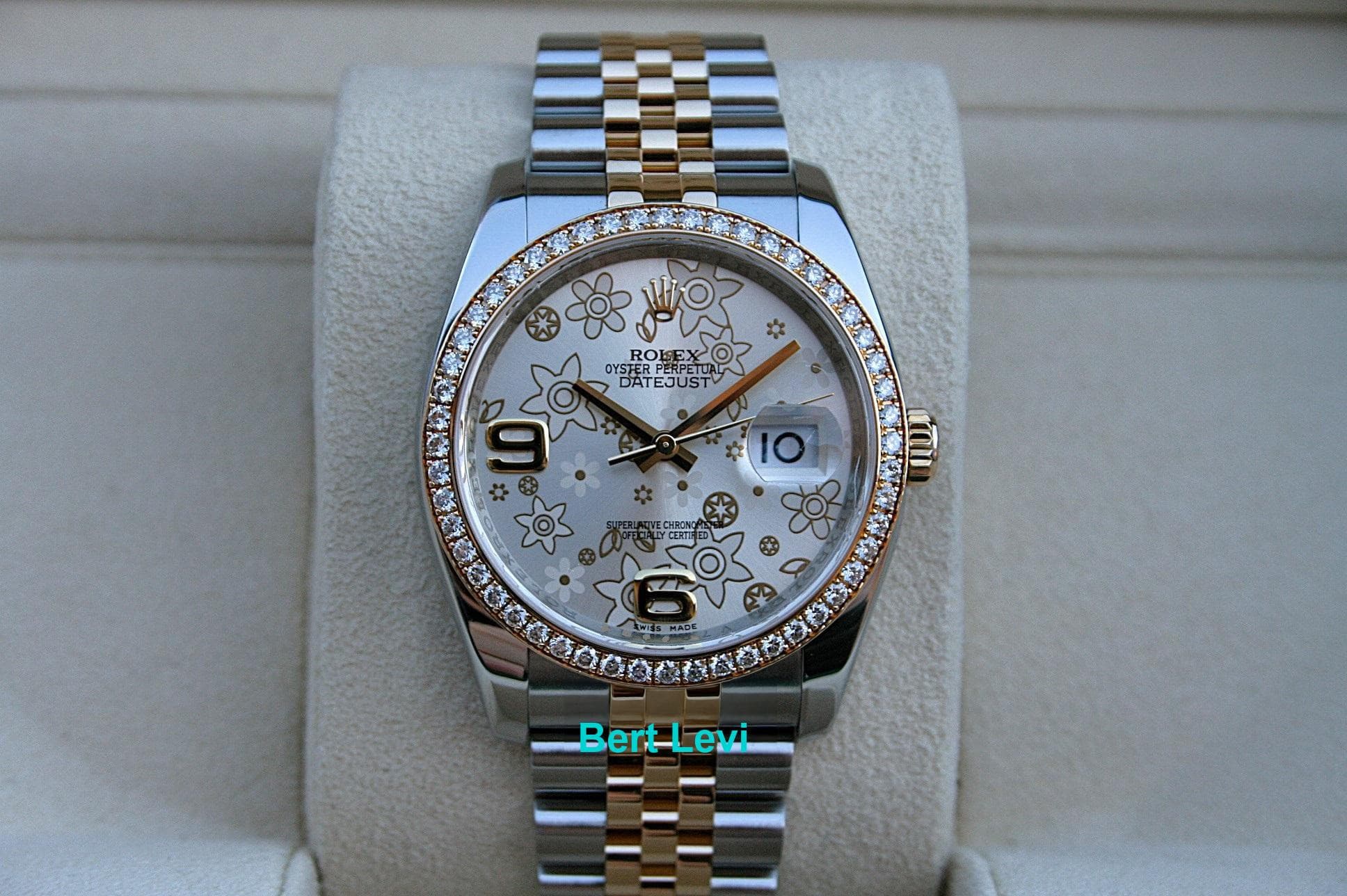 ROLEX 116243 DATEJUST 36MM FLORAL DIAL DIAMOND BEZEL JUBILEE