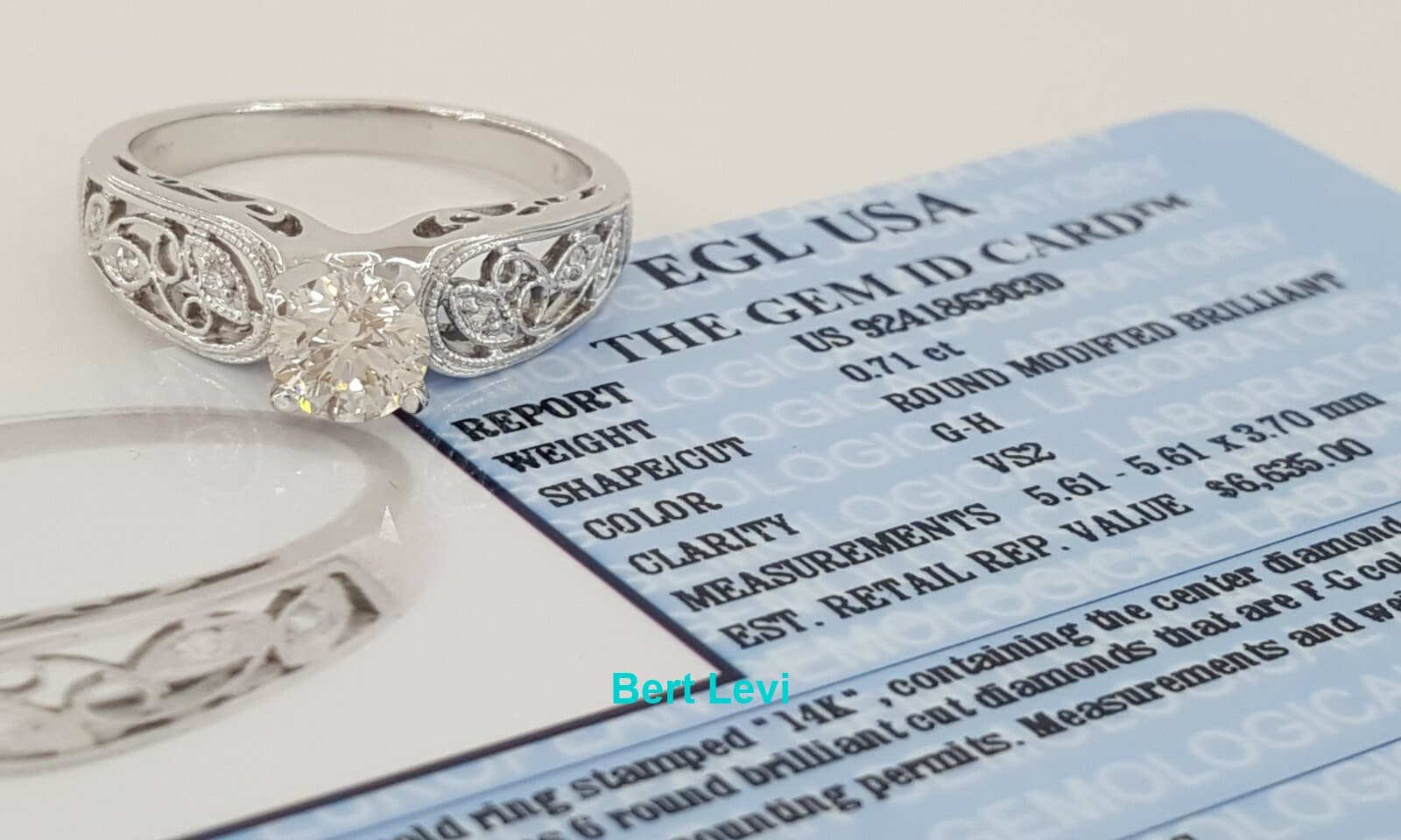 0.77 ct 14K White Gold Round Cut Diamond Engagement Ring EGL Rtl $6,635