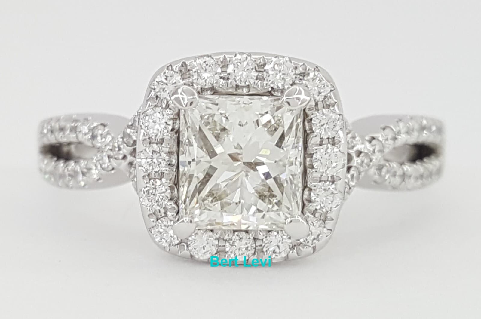 Princess Cut Crossover 1.62 ct Halo Engagement Ring H/VS2 14k WG Retail $12,500