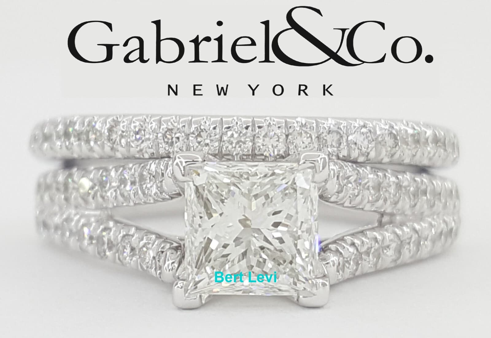 Gabriel & Co. Princess Cut Shank-Split Diamond Engagement Ring Set 1.65 ct 14k