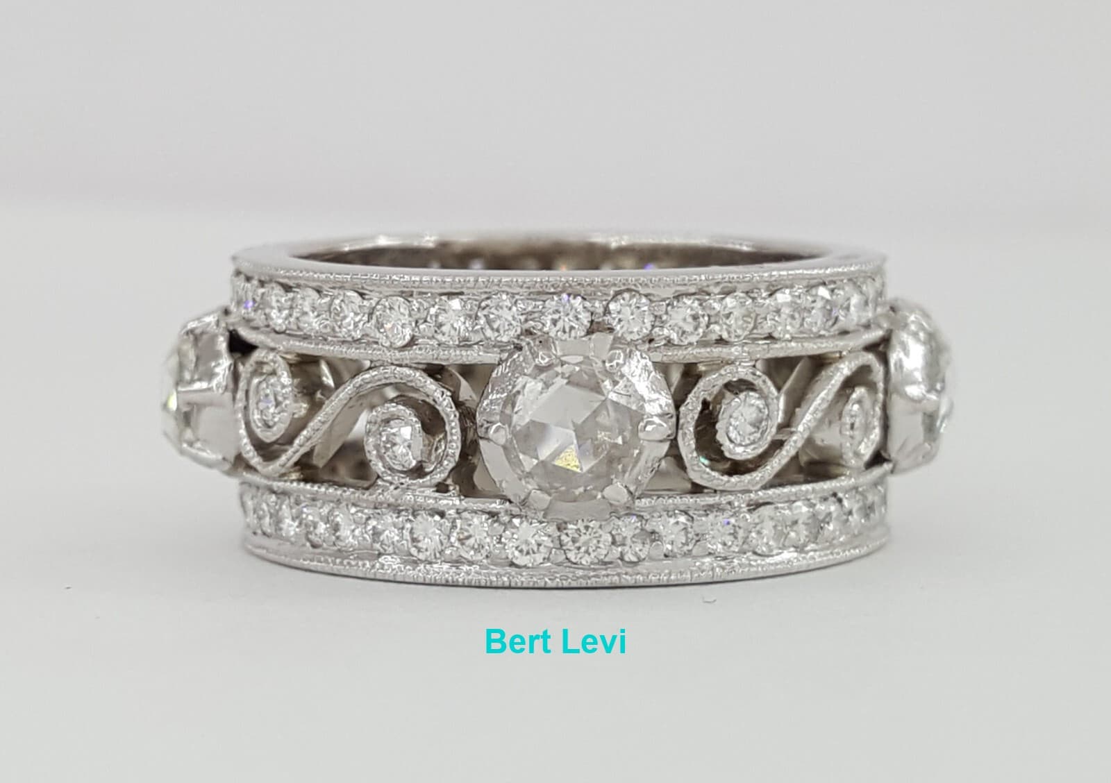 Cathy Carmendy Three-Row Rose Cut Diamond Platinum Scroll Eternity Ring 2.3ct