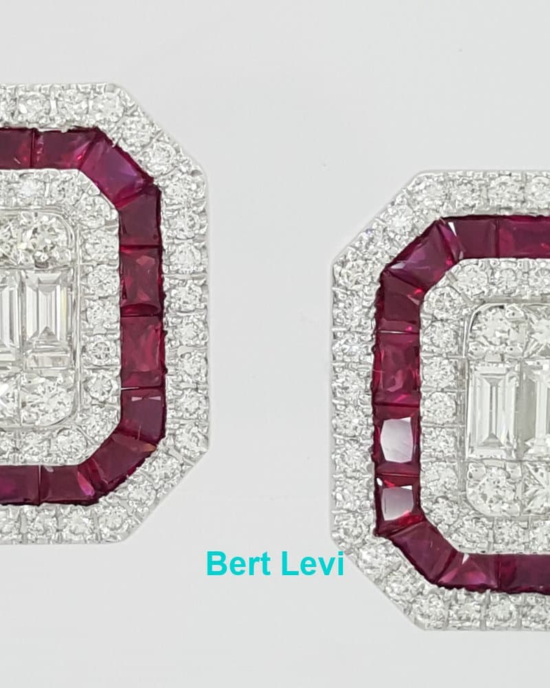 18k White Gold 3.39 ct Round & Baguette Diamond & Ruby Halo Stud Earrings 12gm