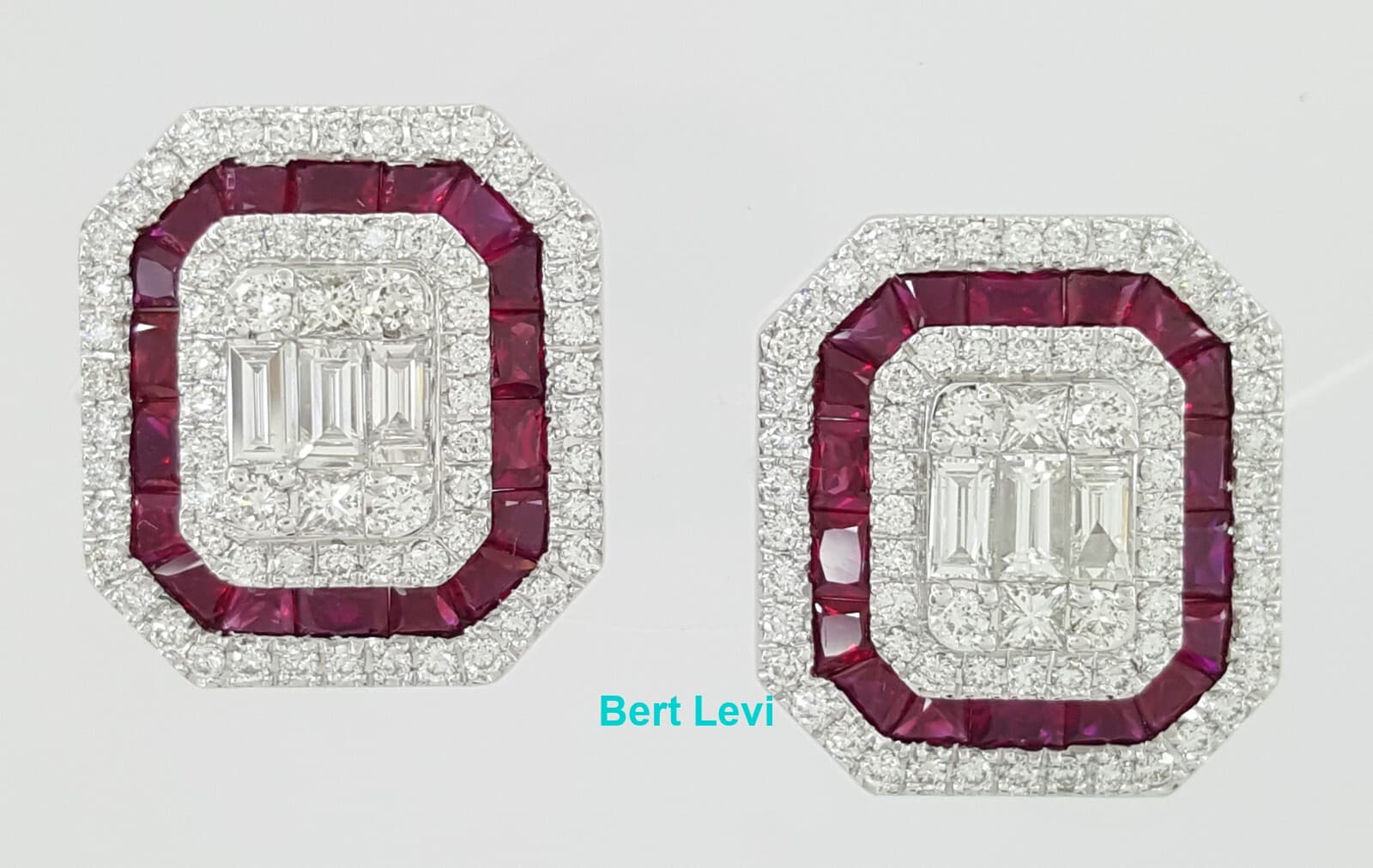 18k White Gold 3.39 ct Round & Baguette Diamond & Ruby Halo Stud Earrings 12gm