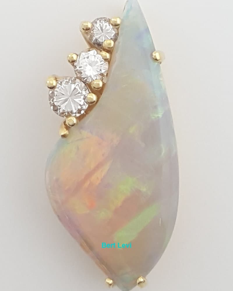 Natural Opal & Diamond Slider Pendant 0.32 ct 18K Yellow Gold 1"