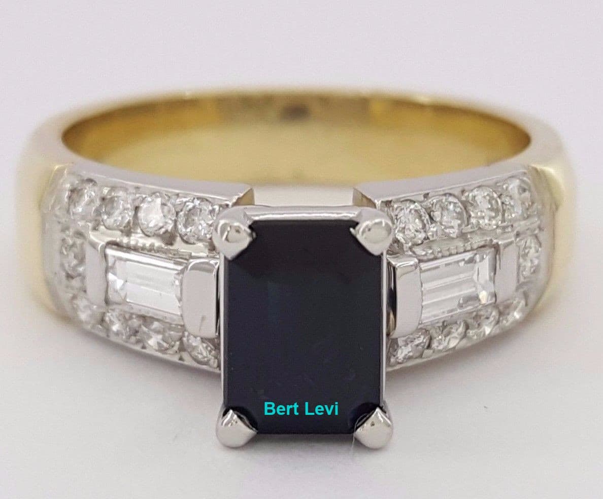 Natural Blue Sapphire & Diamond Engagement Ring 1.5 ct 14K Yellow Gold