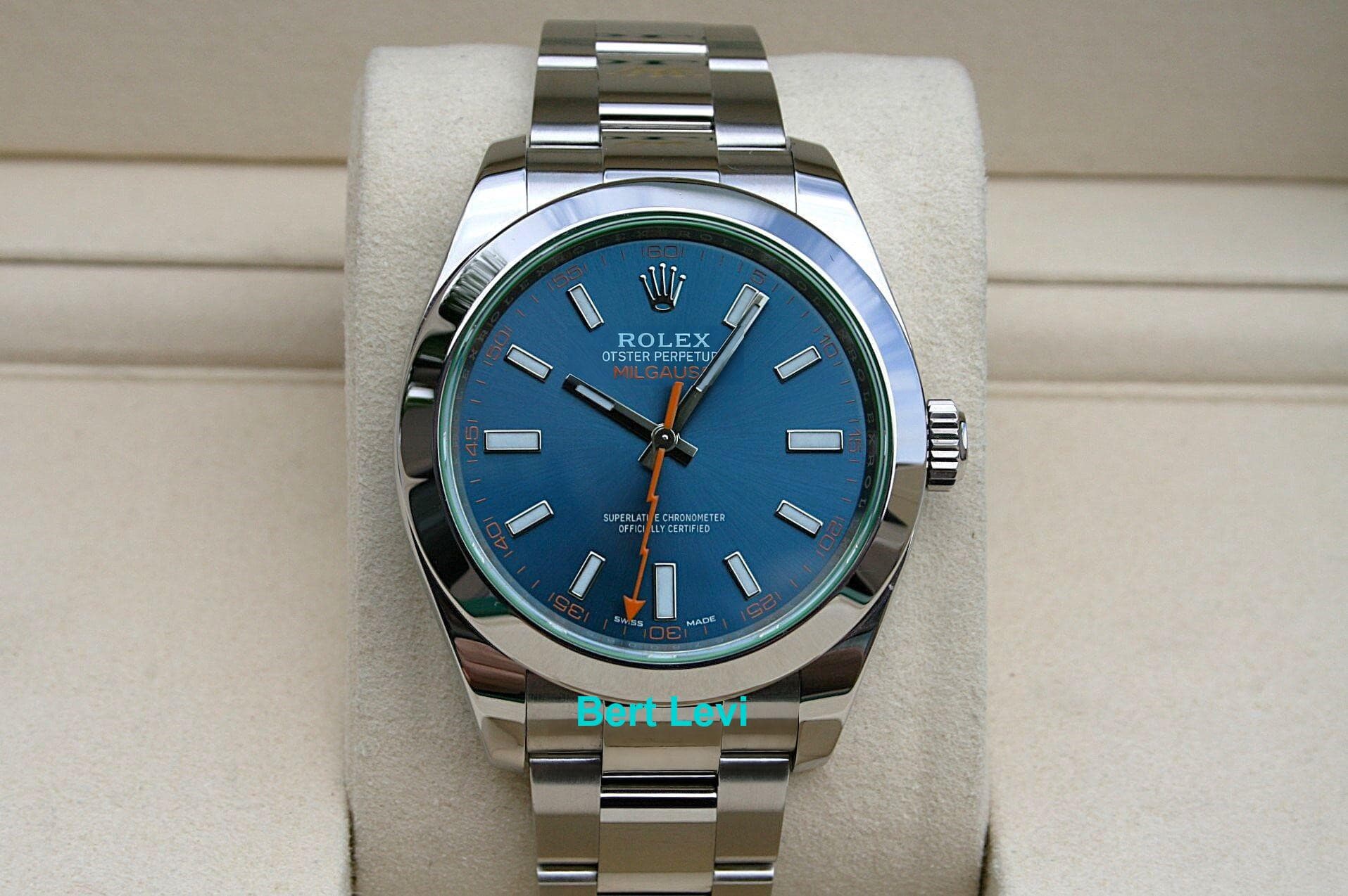 ROLEX 116400GV MILGAUSS WATCH GREEN CRYSTAL Z-BLUE DIAL