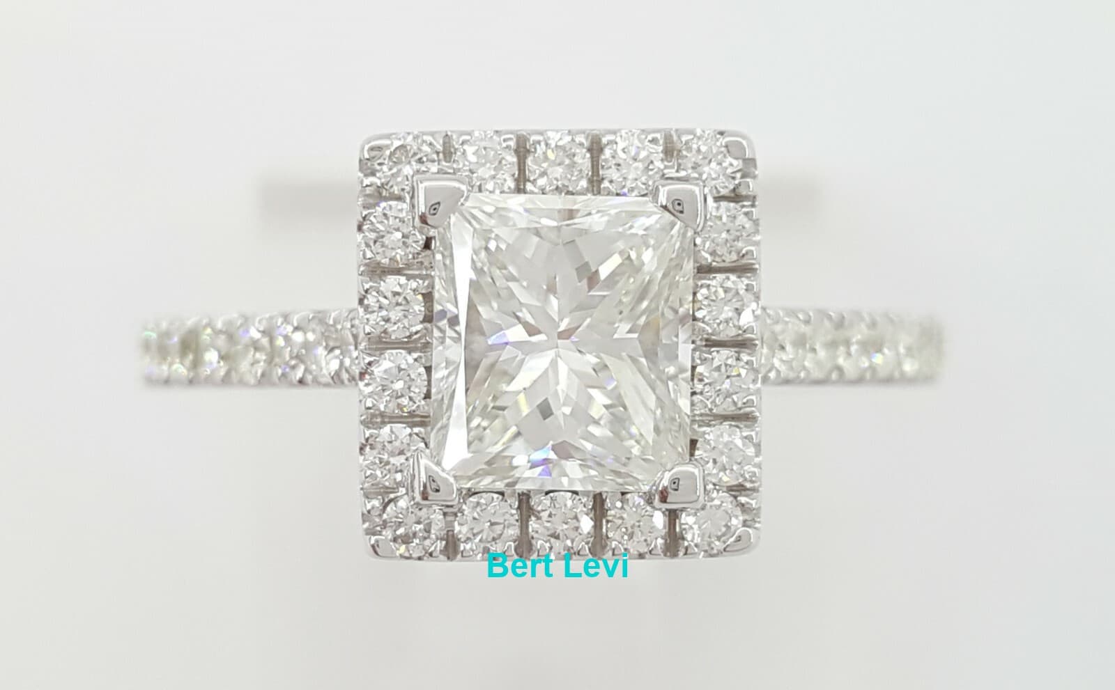Rectangular Princess Cut Diamond Halo Engagement Ring 1.45 ct 14K GIA F/VS2
