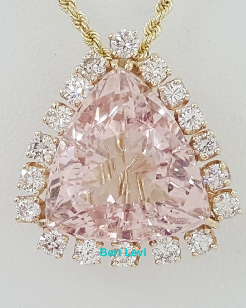 Morganite & Diamond Halo Necklace 16 ct Trillion Cut 14K Gold 20" Retail $12K