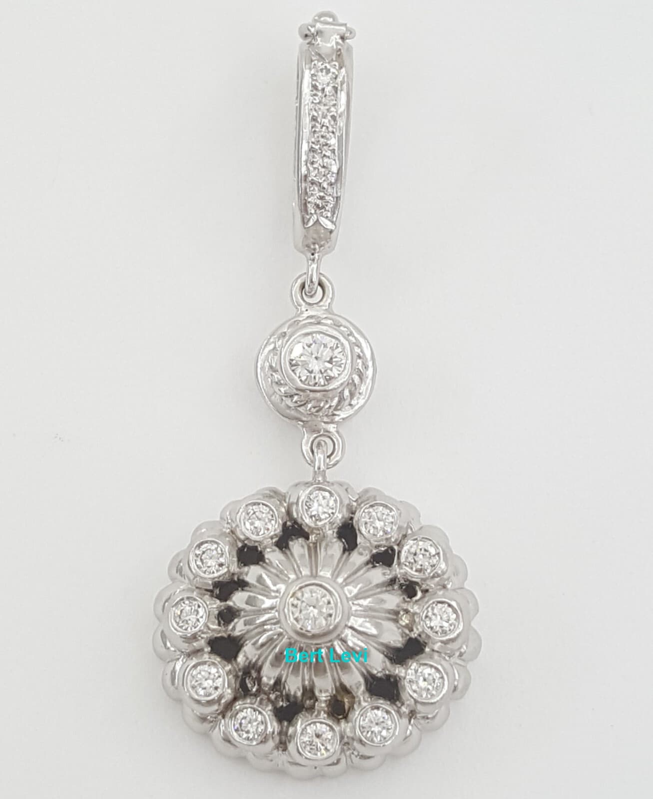 Doris Panos Vintage Flower Diamond Drop Pendant 18k White Gold 0.65 ct 1.7"