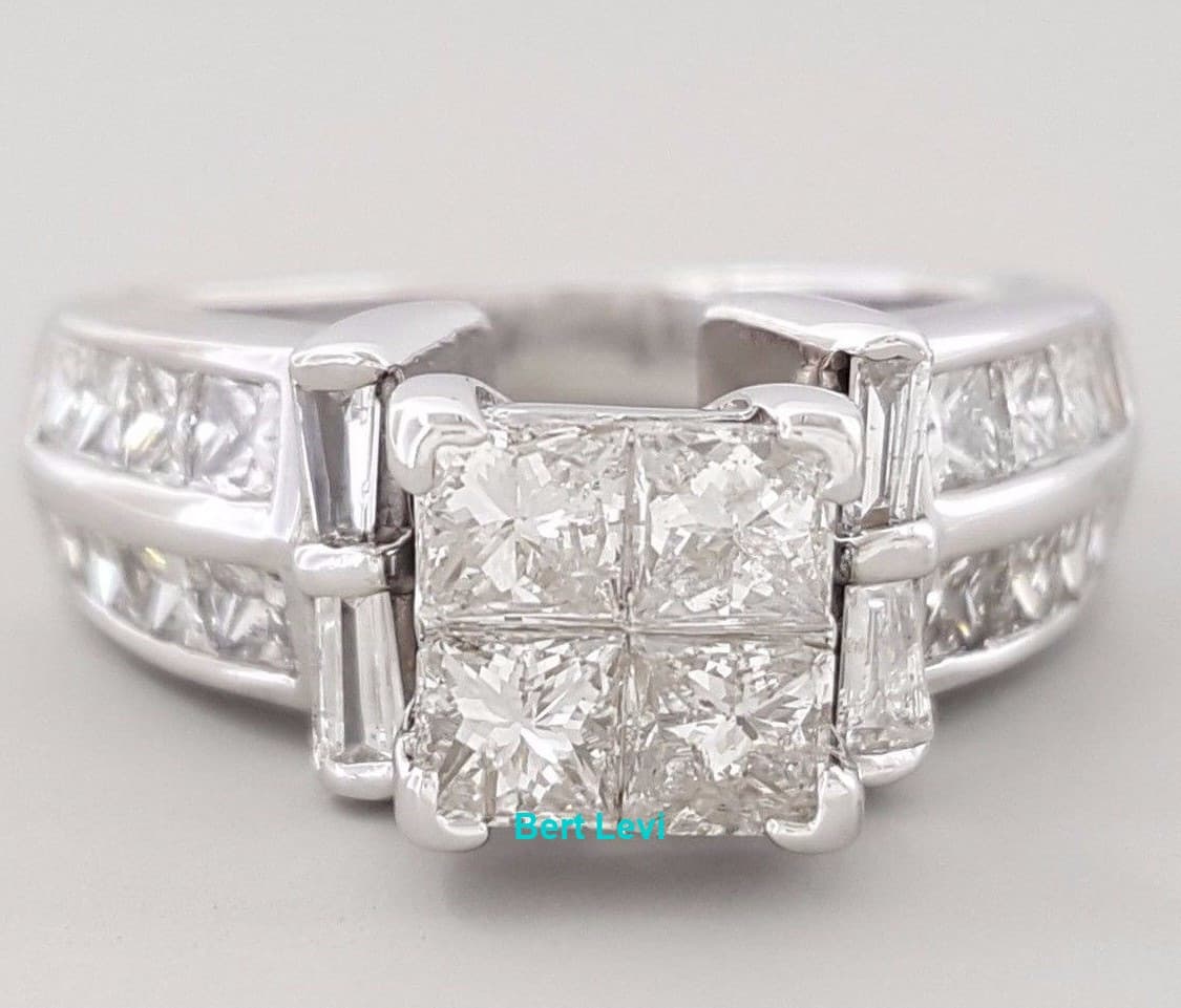 Invisible Set Princess & Baguette Diamond Engagement Ring 1.75 ct 14K White Gold