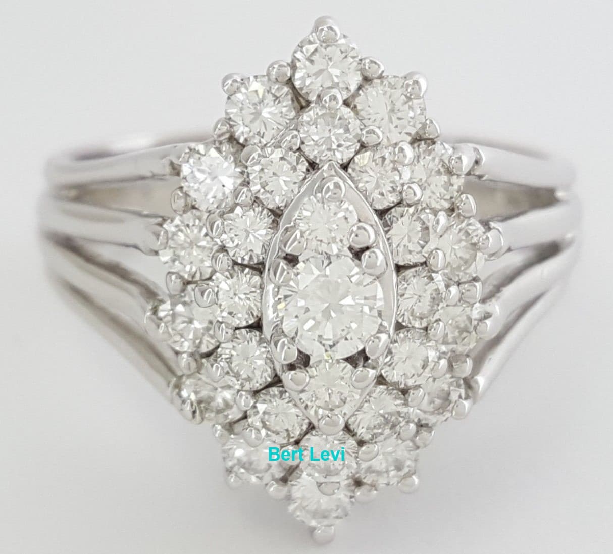 Round Diamond Marquise Shape Engagement / Statement Ring 1.42 ct 14K White Gold