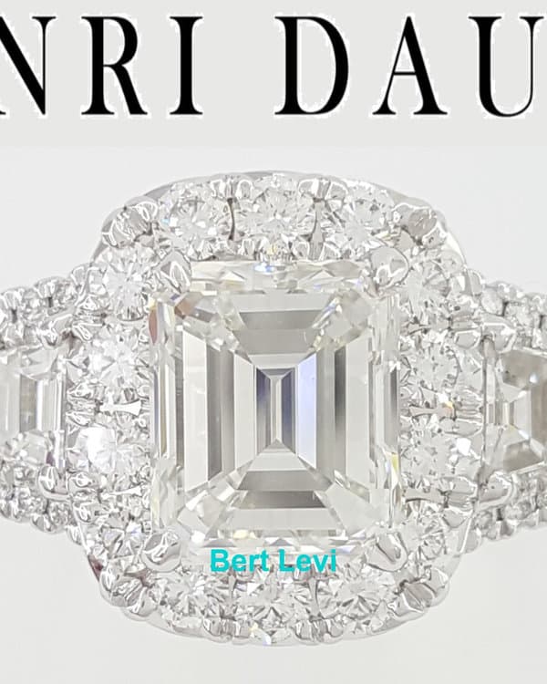 Henri Daussi Emerald Cut Diamond 3.6 ct Halo 3-Stone Engagement Ring Rtl $45.5K