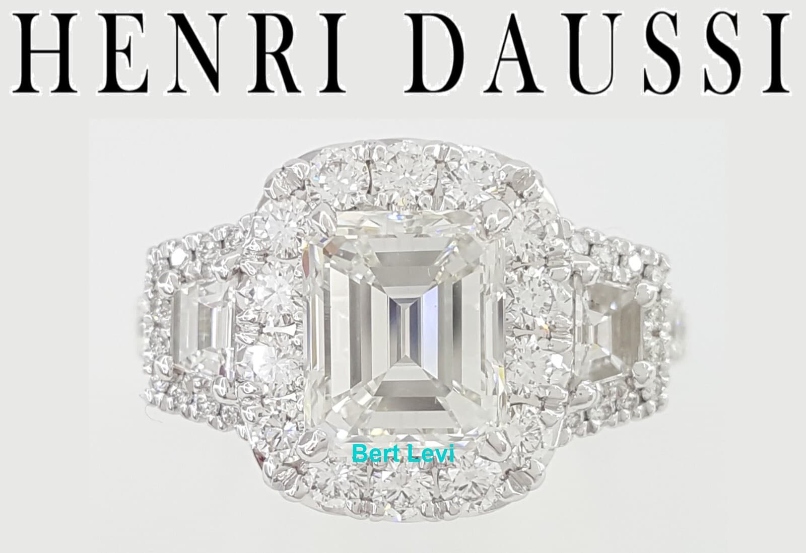 Henri Daussi Emerald Cut Diamond 3.6 ct Halo 3-Stone Engagement Ring Rtl $45.5K