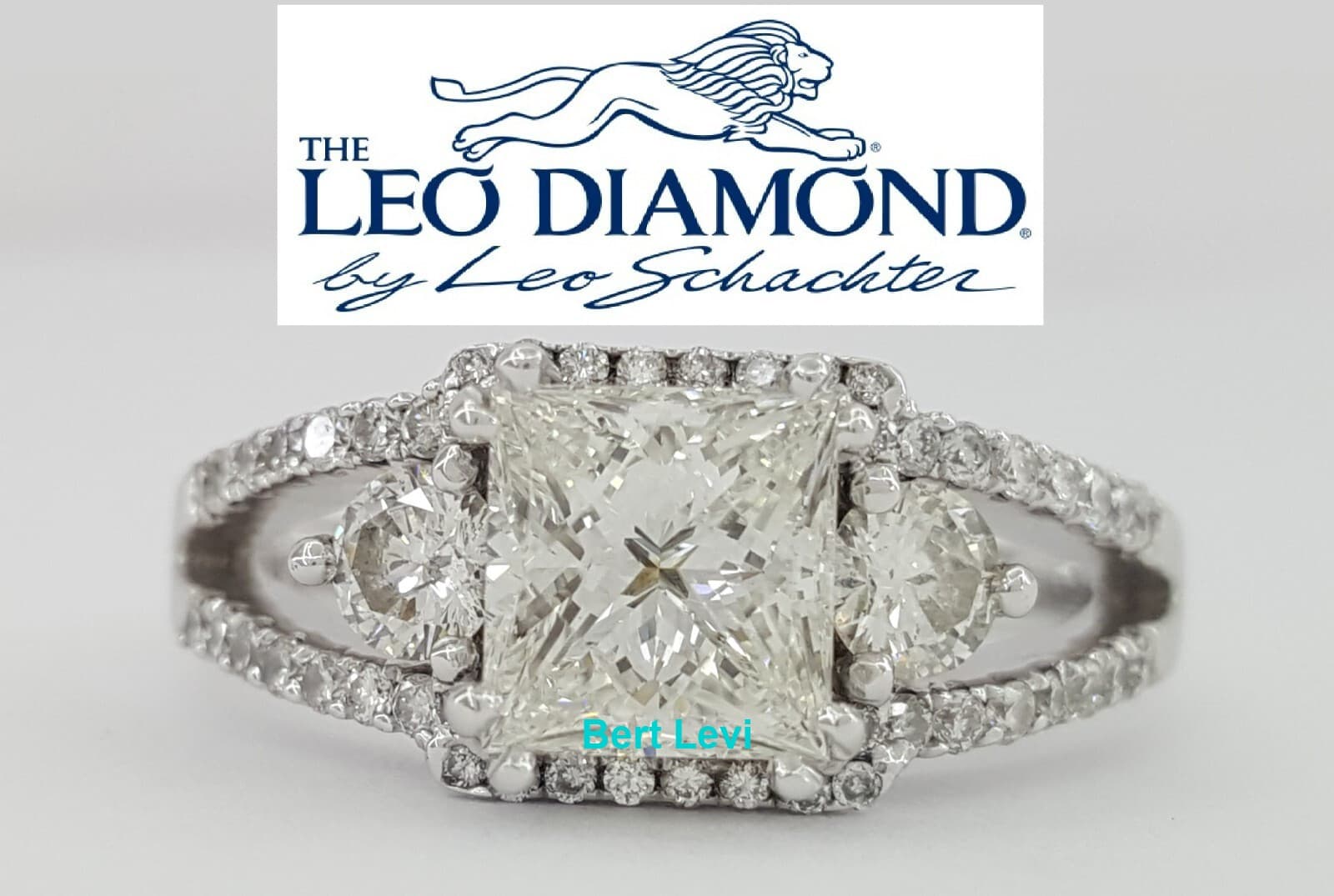 Leo Princess Cut Diamond Split shank 18K White Gold Engagement Ring 2.23 ct