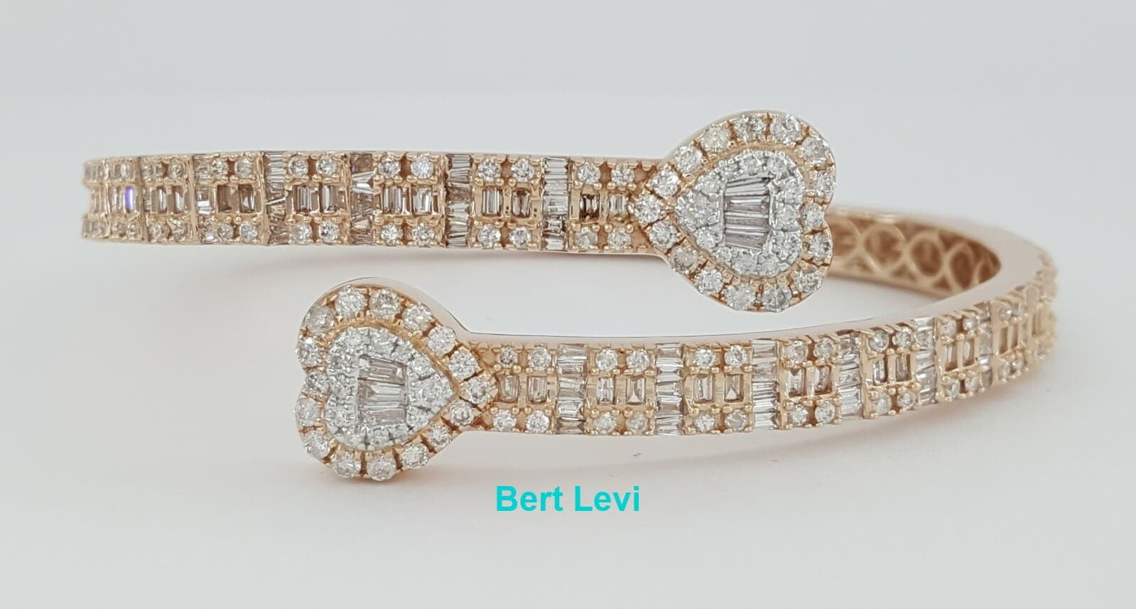 Baguette + Round Diamond Heart Bangle 4.7 ct 14K Rose Gold 22.2 gram Rtl $10.5K