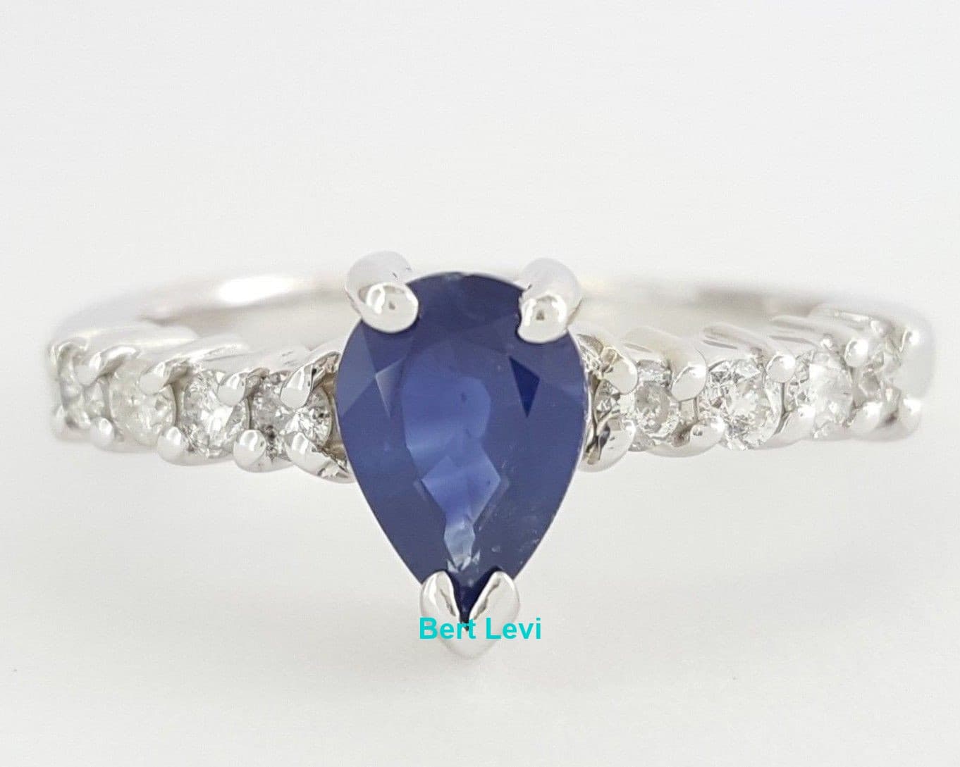 14k White Gold 0.95 ct Pear Sapphire & Round Diamond Engagement Anniversary Ring