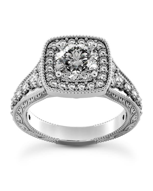 Ladies 14KT White Gold Platinum Round Diamond Halo Engagement Ring ENR9571